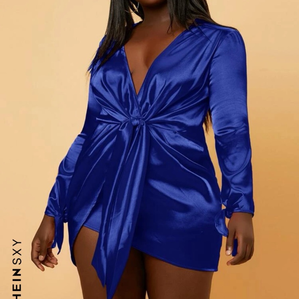 SXY Plus Deep V Neck Knot Front Dress